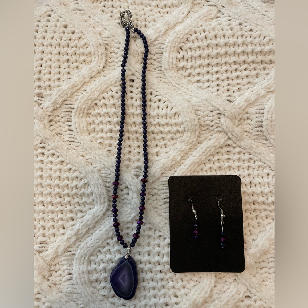 Handmade Purple Beaded Necklace & Earring Set